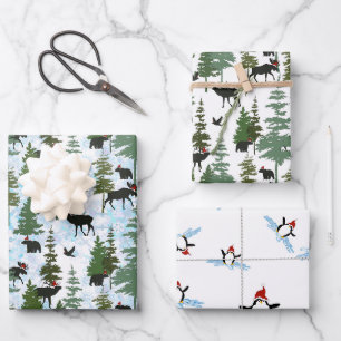 Feuille De Papier Cadeau Animaux de la forêt avec des chapeaux de Père Noël