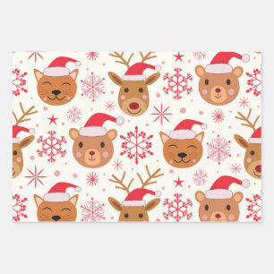 Feuille De Papier Cadeau Animaux de Noël drôles avec des chapeaux de Père N