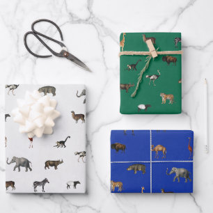 Feuille De Papier Cadeau Animaux de Safari Jungle Motif Bleu Vert Gris