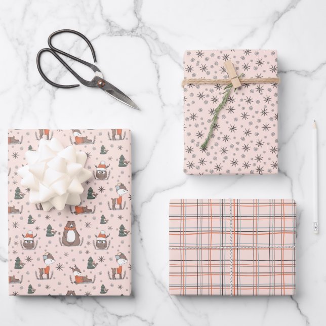 Feuille De Papier Cadeau Animaux des bois Hiver (Recto)