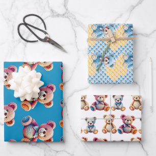 Feuille De Papier Cadeau Animaux en peluche au crochet bleu et jaune