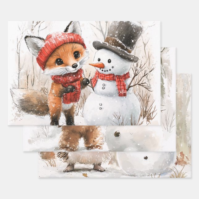 Feuille De Papier Cadeau Animaux forestiers et Snowman (Lot)