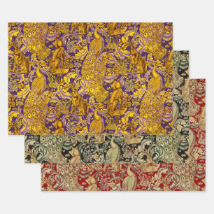 FEUILLE DE PAPIER CADEAU ANIMAUX FORESTIERS, FOX, PEACOCK, HARE, JAUNE ROUG