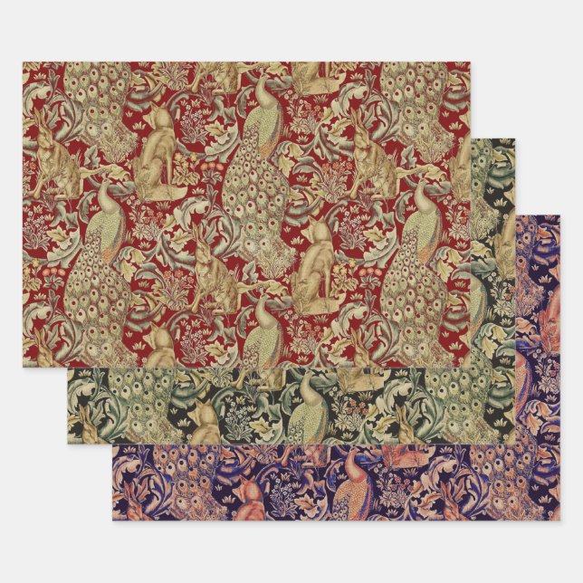 FEUILLE DE PAPIER CADEAU ANIMAUX FORESTIERS, FOX, PEACOCK, HARE, VERT ROUGE (Lot)