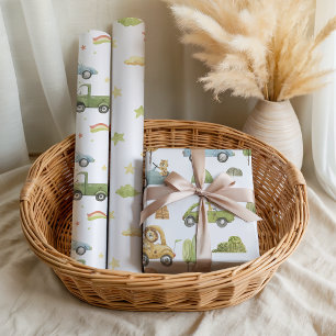 Feuille De Papier Cadeau Animaux Pastels dans des Voitures Bébé Garçon Neut