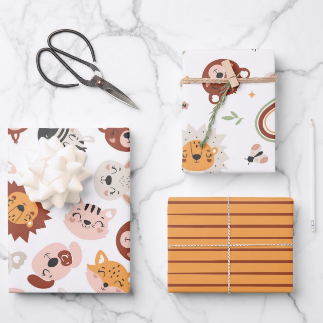 Feuille De Papier Cadeau Animaux sauvages mignons (Recto)