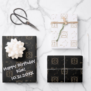 Feuille De Papier Cadeau Anniversaire Black & Gold Zodiac Libra Astrologie 