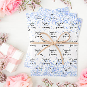 Feuille De Papier Cadeau Anniversaire blanc bleu clair confetti nom étincel