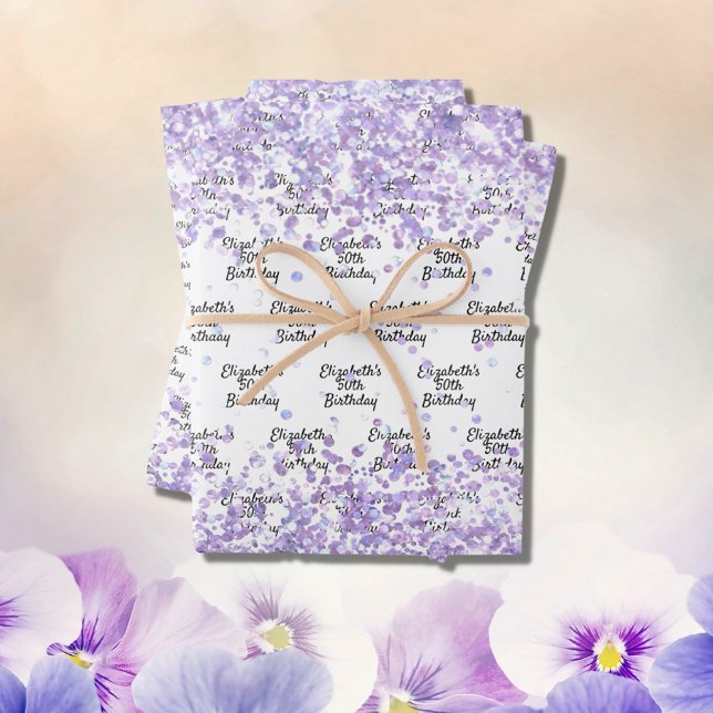 Feuille De Papier Cadeau Anniversaire blanc violet lavande nom de la partie (Créateur téléchargé)