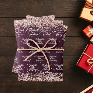 Feuille De Papier Cadeau Anniversaire Bourgogne nom rose or élégant