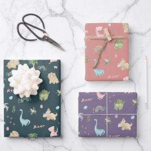 Feuille De Papier Cadeau Anniversaire de Dinosaures Mignons