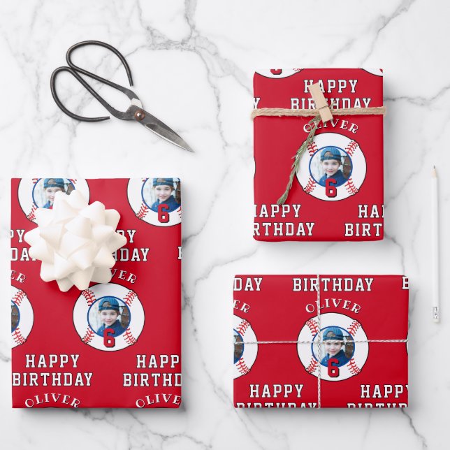 Feuille De Papier Cadeau Anniversaire de enfant du ballon rouge de baseball (Recto)