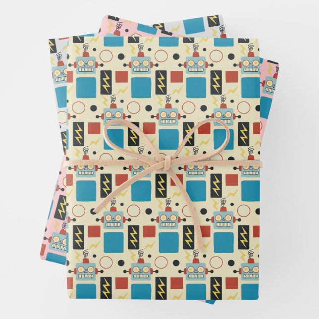 Feuille De Papier Cadeau Anniversaire de enfant Motif de robots antiques (En situation)