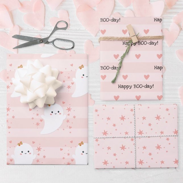 Feuille De Papier Cadeau Anniversaire de Kawaii Ghost Pink Halloween (Happy BooDay Cute Ghost Halloween Birthday Gift Wrap)