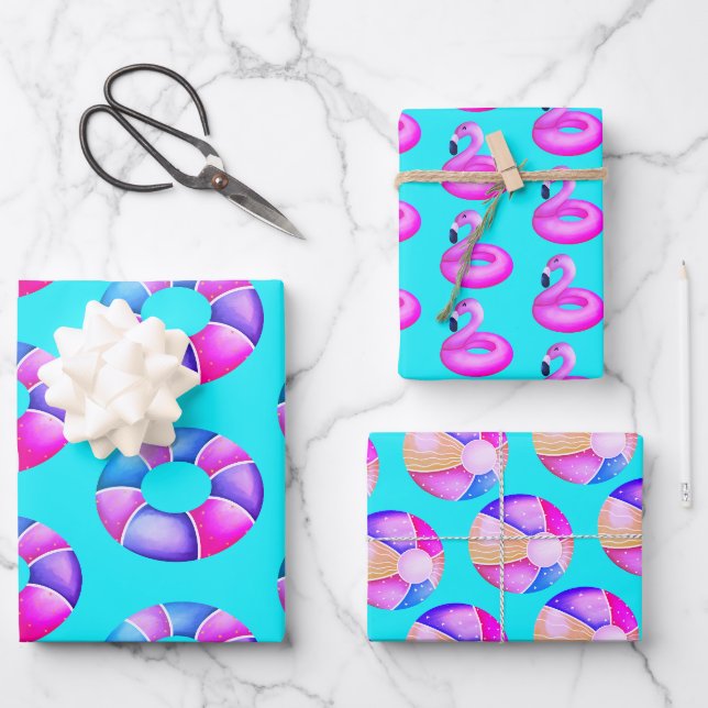 Feuille De Papier Cadeau Anniversaire de la Piscine Rose (Recto)
