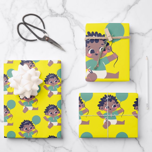 Feuille De Papier Cadeau Anniversaire du bébé (Afro-Américain)  (Recto)