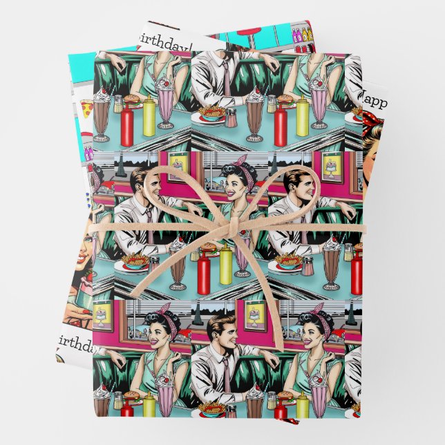 Feuille De Papier Cadeau Anniversaire du dîner du Retro 50's (En situation)