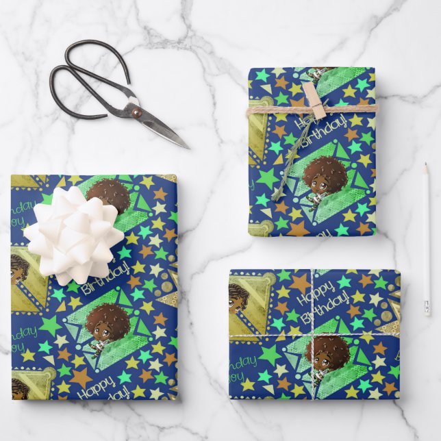 Feuille De Papier Cadeau Anniversaire du garçon afro-américain (Recto)