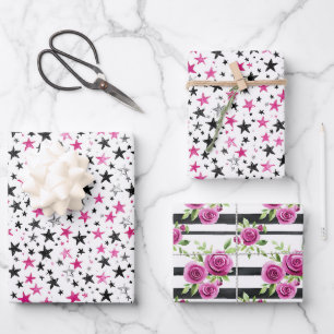Feuille De Papier Cadeau Anniversaire Étoiles Fleurs Rayures Noir Rose Arge