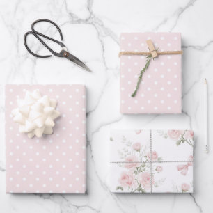 Feuille De Papier Cadeau Anniversaire Fleurs Points Blancs Rose Féminin