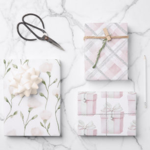 Feuille De Papier Cadeau Anniversaire Floral Rose Pâle Blanc