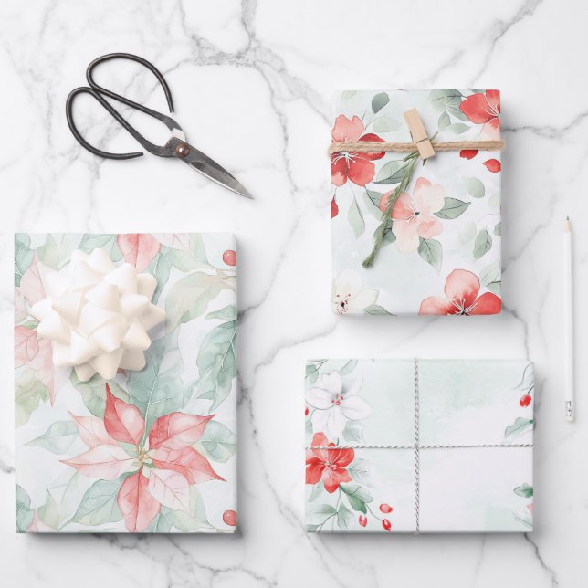 Feuille De Papier Cadeau Anniversaire Floral Vert Rouge Menthe (Recto)