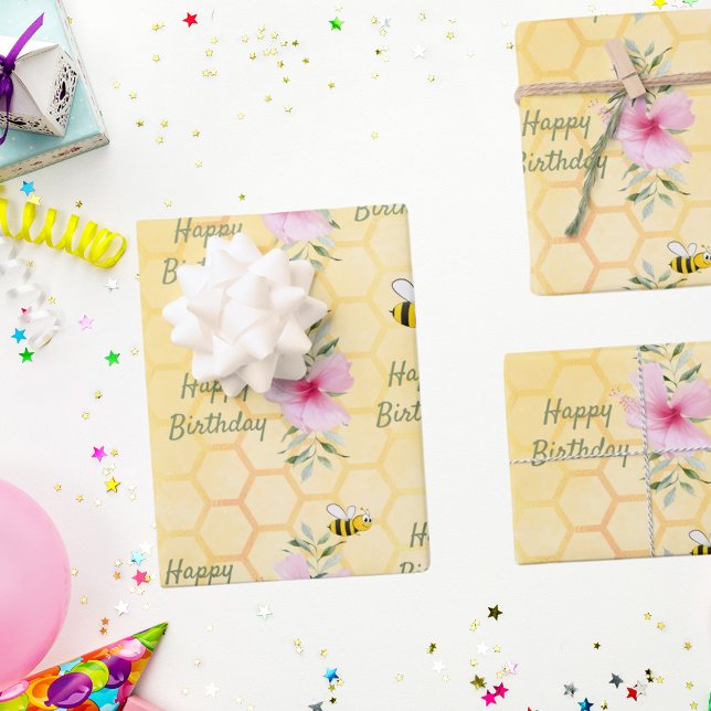 Feuille De Papier Cadeau Anniversaire heureux bourdon abeilles fleur de nid (Créateur téléchargé)