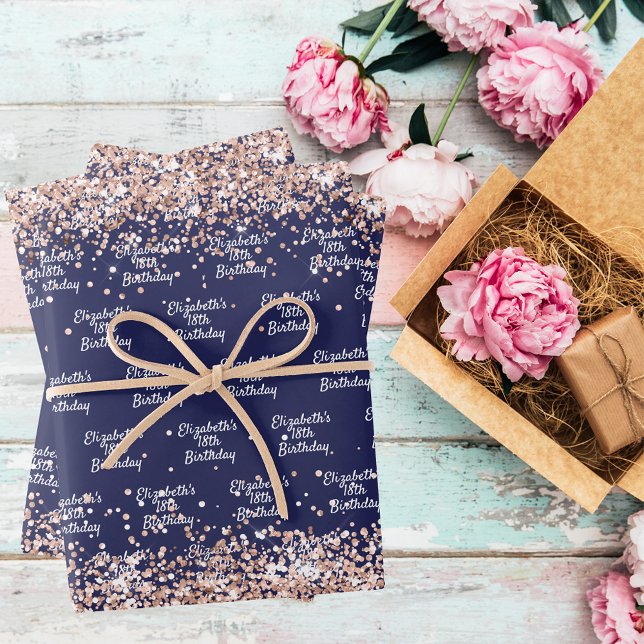 Feuille De Papier Cadeau Anniversaire marine bleu rose or nom élégant (Créateur téléchargé)