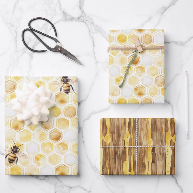 Feuille De Papier Cadeau Anniversaire nid d'abeille jaune or (Recto)
