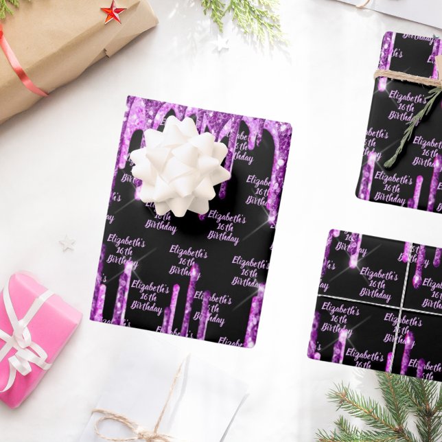 Feuille De Papier Cadeau Anniversaire noir violet parties scintillant rose  (Créateur téléchargé)