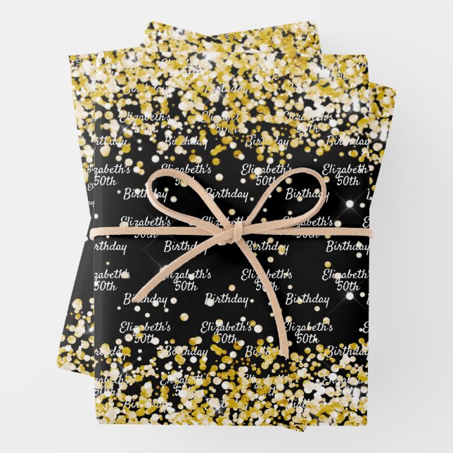 Feuille De Papier Cadeau Anniversaire nom de confetti en or noir (En situation)