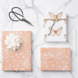 Feuille De Papier Cadeau Anniversaire Papillons Taches Blanches Pêche
