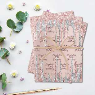 Feuille De Papier Cadeau Anniversaire rose gouttes d'or rose argent nom