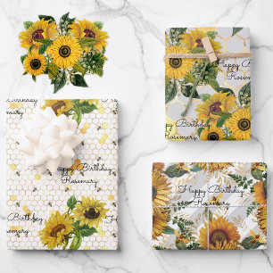 Feuille De Papier Cadeau Anniversaire Sunflowers & Bees Ajouter Nom 3 Cadea