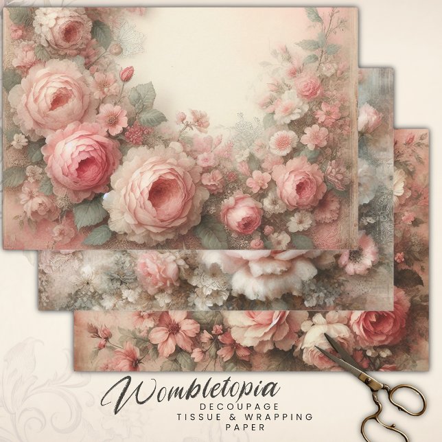 Feuille De Papier Cadeau Antique Pastel Rose Bouquets Découpage (Créateur téléchargé)