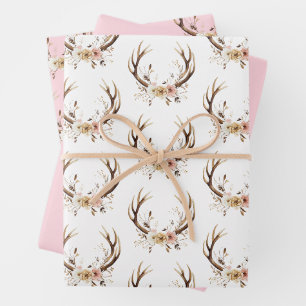 Feuille De Papier Cadeau Antlers de cerfs de fleurs roses Personnalisés