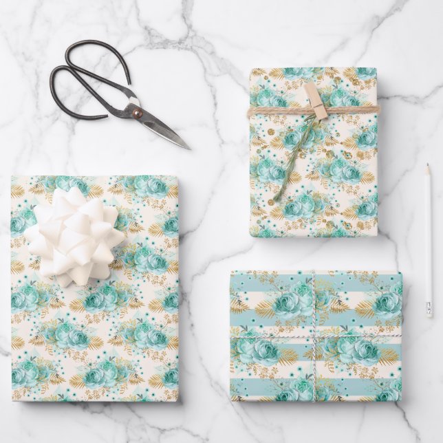Feuille De Papier Cadeau Aqua Cream Gold Floral (Recto)