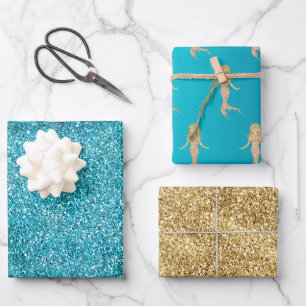 Feuille De Papier Cadeau Aqua Gold Glitz Parties scintillant étincelle Mer