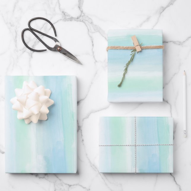 Feuille De Papier Cadeau Aqua Mint Bleu Aquarelle Blancs  (Recto)