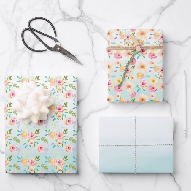 Feuille De Papier Cadeau Aqua Ombre rose jaune floral (Recto)