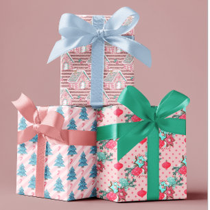 Feuille De Papier Cadeau Aqua rose Bleu Coloré Arbres de Noël Cookies