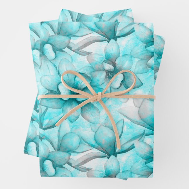 Feuille De Papier Cadeau Aquarelle Abstraite Fleurs bleues (En situation)