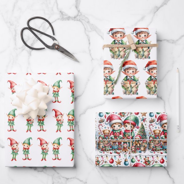 Feuille De Papier Cadeau Aquarelle adorable Elfes Noël (Recto)