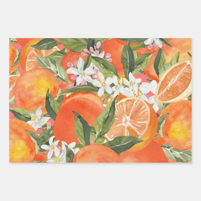 Feuille De Papier Cadeau Aquarelle agrumes de pamplemousse moderne tropical (Devant)