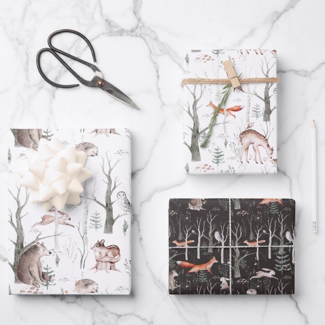 Feuille De Papier Cadeau Aquarelle Animaux forestiers (Recto)