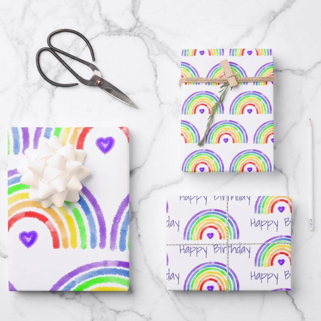 Feuille De Papier Cadeau Aquarelle Arc-en-ciel et Coeurs Joyeux anniversair (Recto)