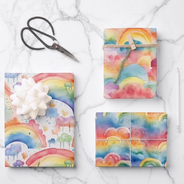 Feuille De Papier Cadeau Aquarelle Arcs-en-ciel et nuages (Recto)