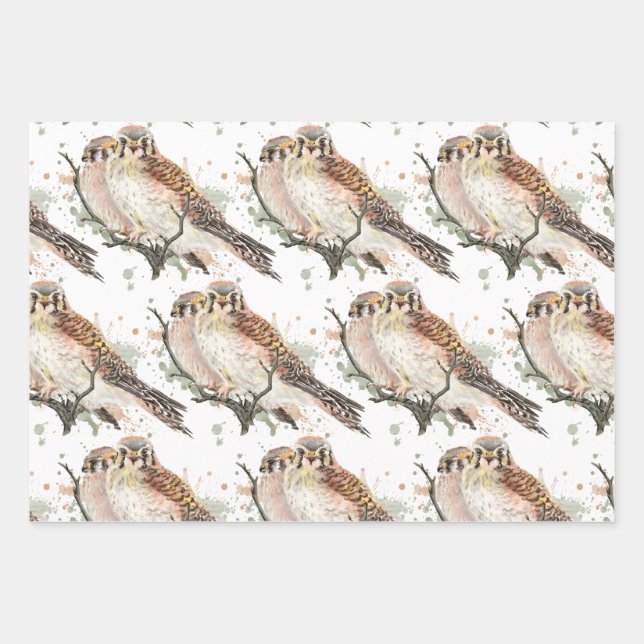 Feuille De Papier Cadeau Aquarelle Art Birding Kestrel Couple (Devant 2)