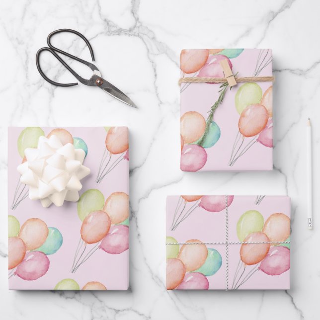 Feuille De Papier Cadeau Aquarelle Ballons rose (Recto)