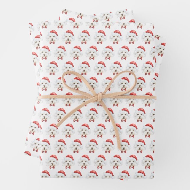 Feuille De Papier Cadeau Aquarelle Blanc Maltais Chien Motif Noël (En situation)